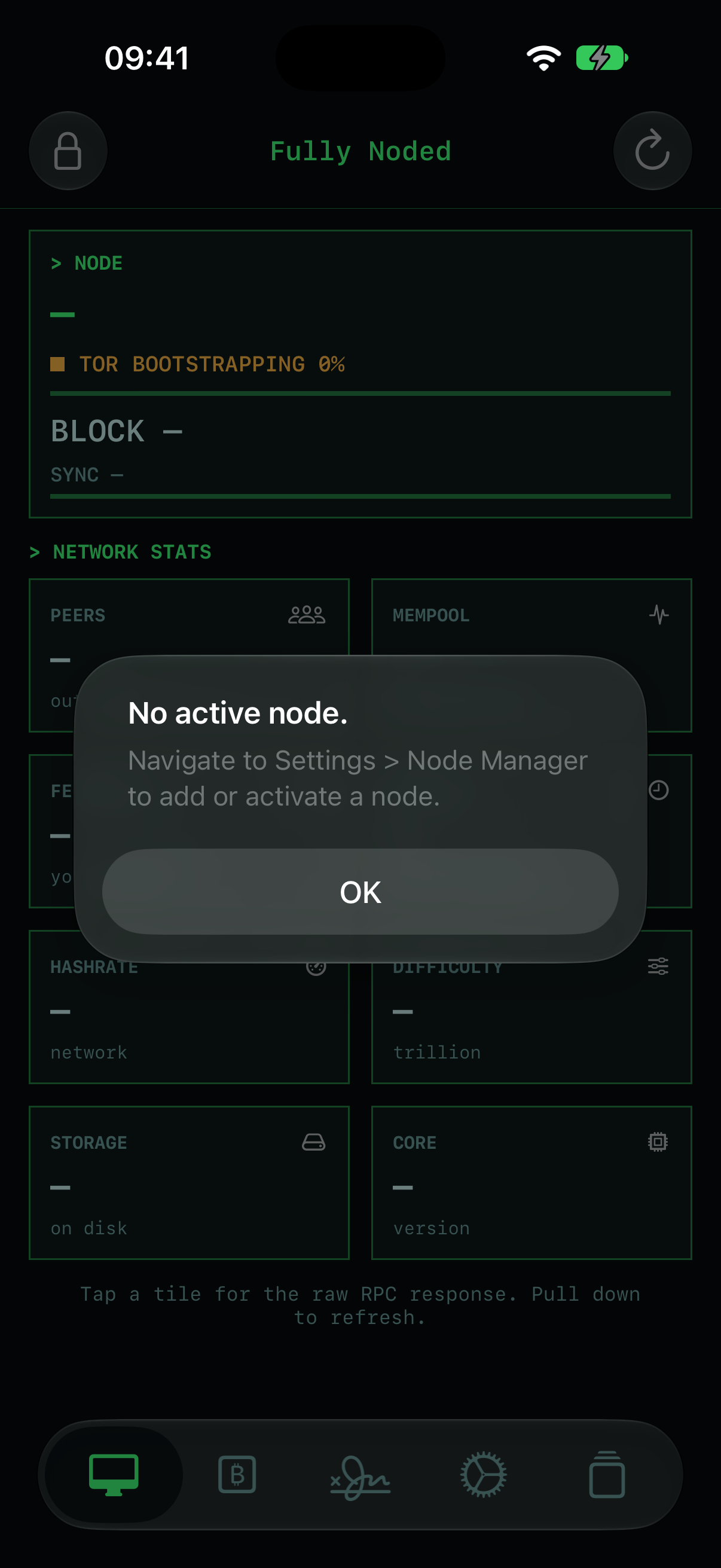 Fully Noded first launch: No active node alert