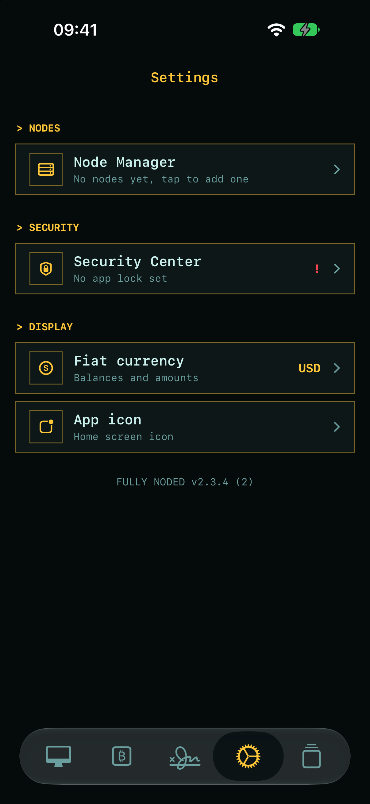 Fully Noded Settings screen