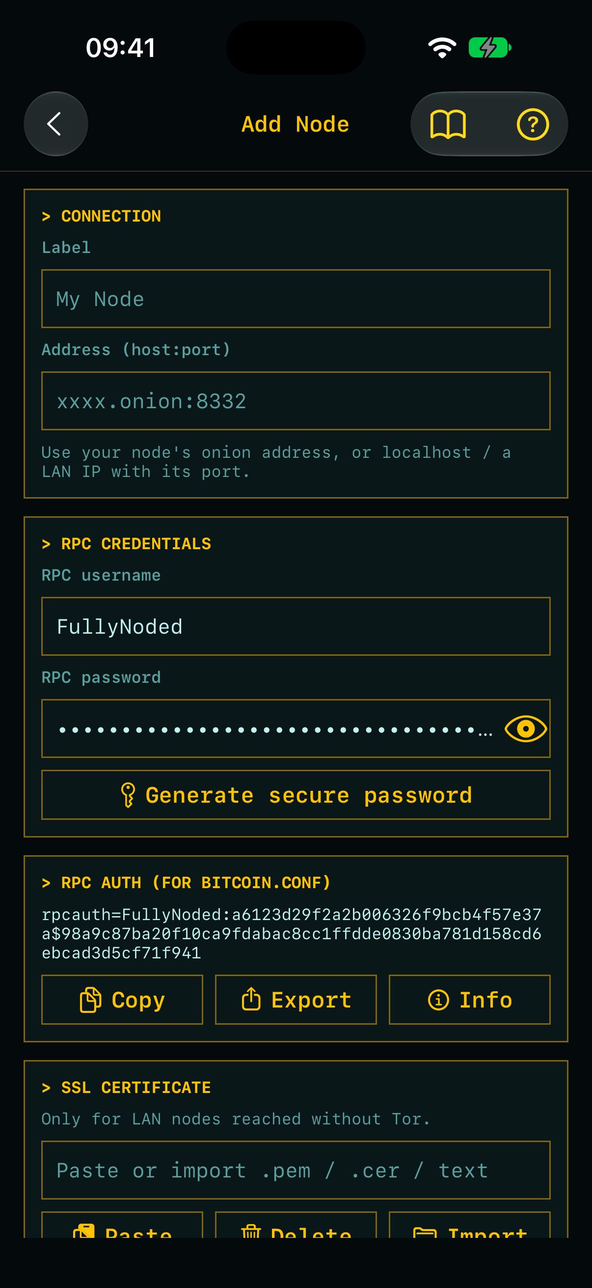Add Node form with connection, RPC credentials and rpcauth sections