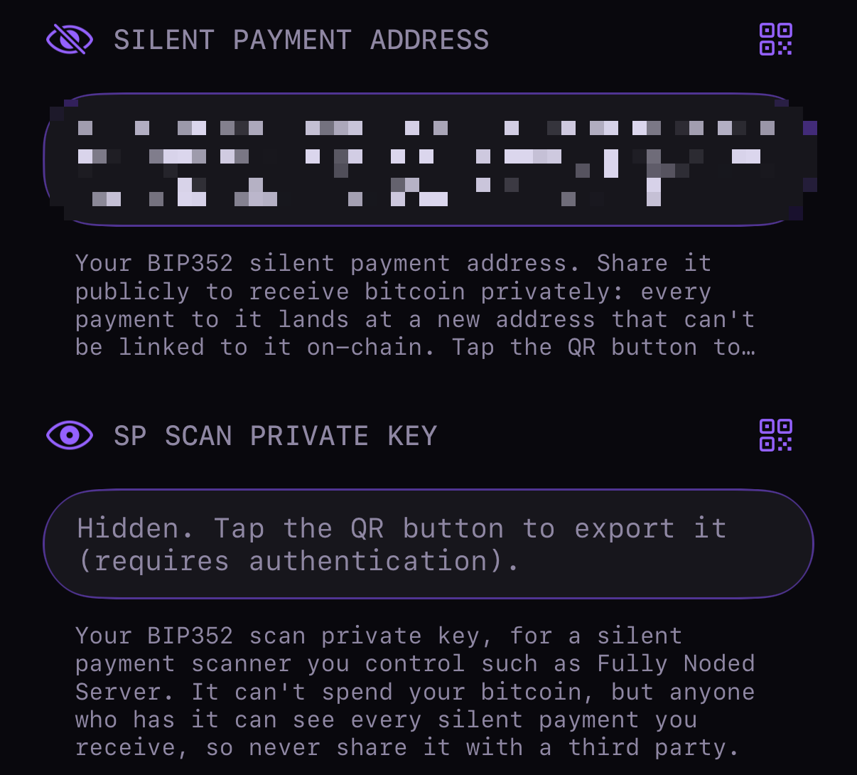Fully Noded signer: silent payment address and hidden SP scan private key