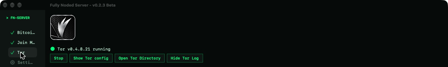 FN-Server Tor tab showing Tor running