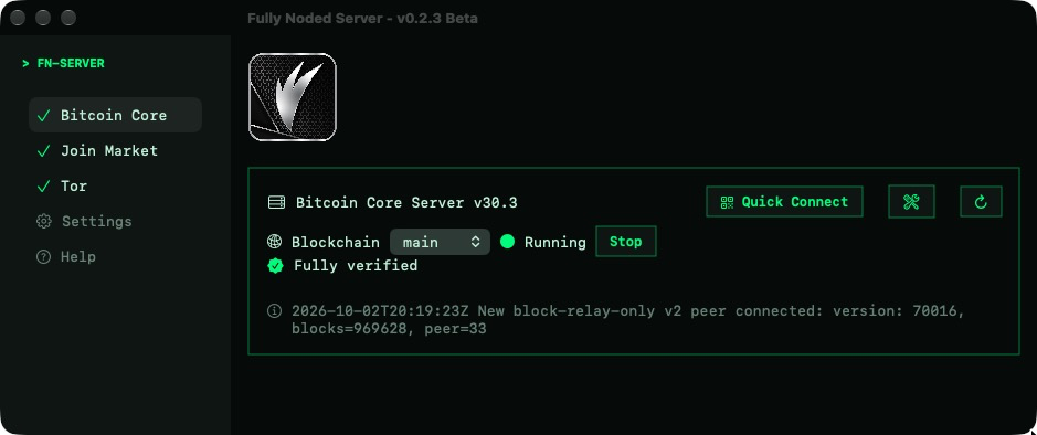 FN-Server v0.2.3: Bitcoin Core v30.3 running and fully verified