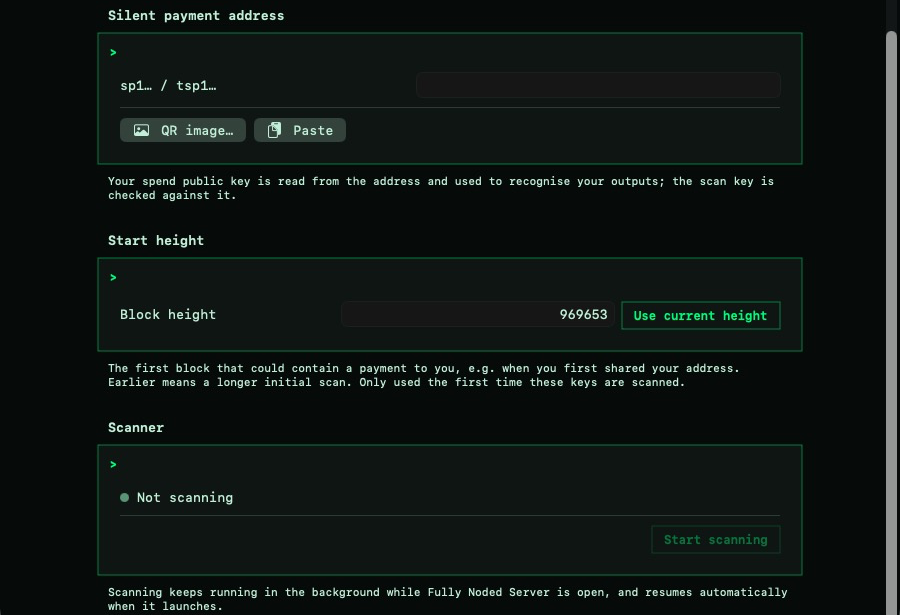 FN-Server Silent Payments window: address, start height and scanner